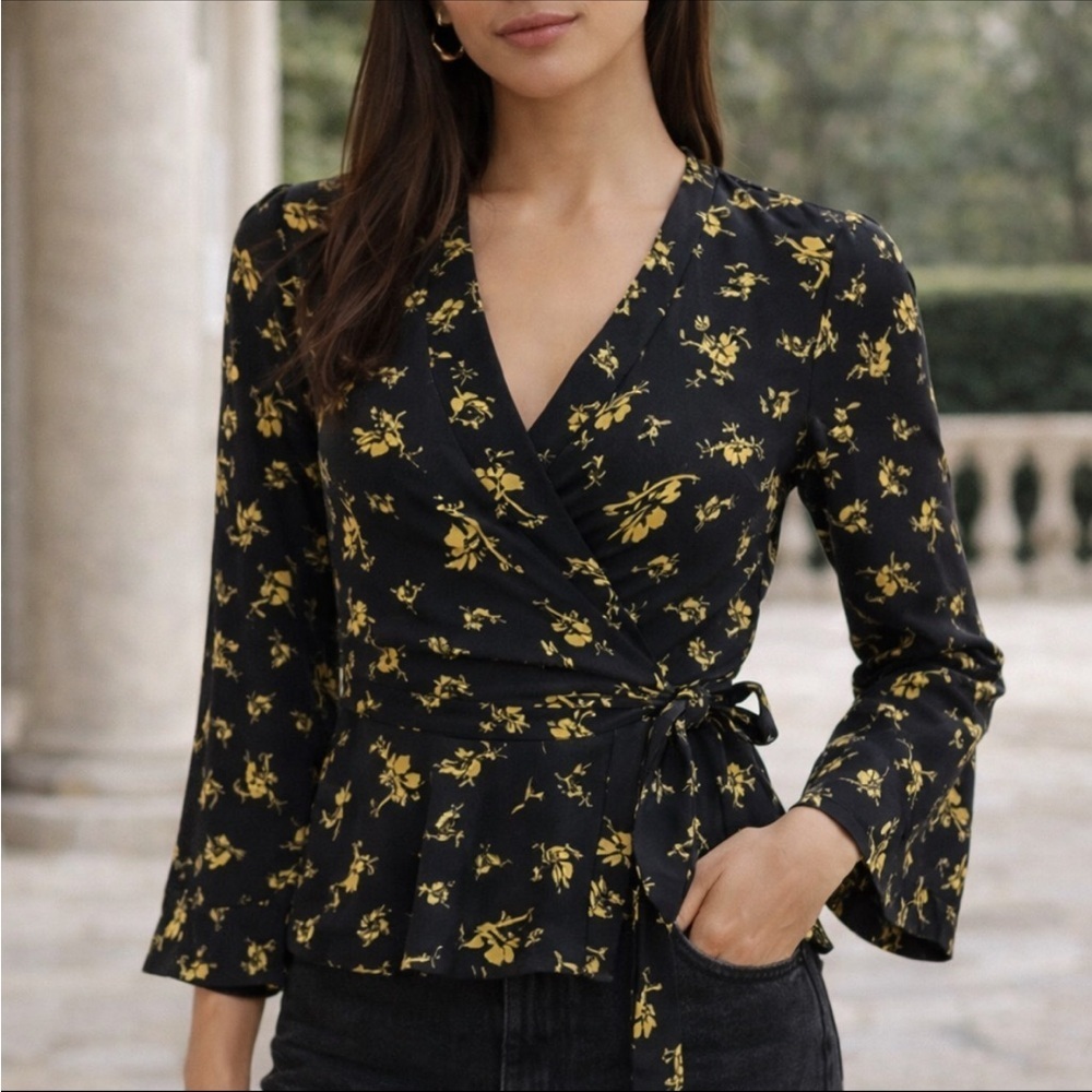 Ganni Black Yellow Floral Wrap Blouse Peplum Long Sleeve Top 51926